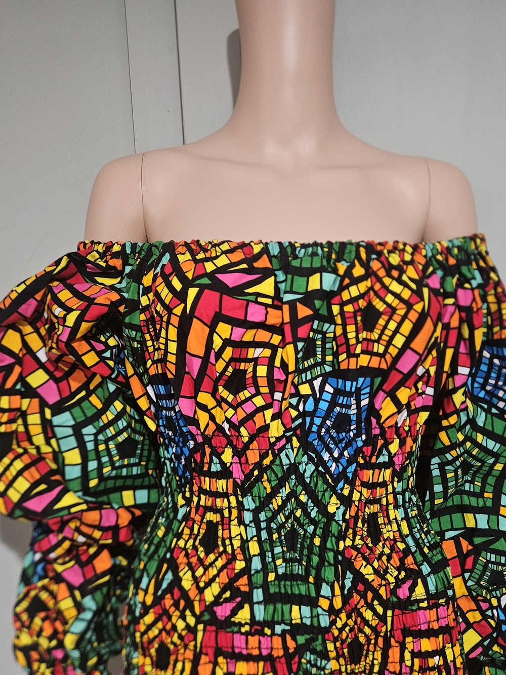 Awelana Tibori NWT Off Shoulder Smocked Mini Dress Colorful Mosaic Print - Picture 8 of 16